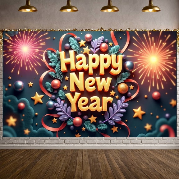 Golden Lettering Happy New Year Banner Firework Design Festive Backdrop Star Decorations Ribbon Accents Holiday Background for New Year Party Indoor Decoration Family Reunion