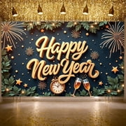 Golden Lettering Happy New Year Banner Firework Design Festive Backdrop Star Pattern Champagne Glasses Holiday Background for New Year Party Holiday Celebration Family Gathering