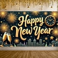 thumbnail image 1 of Golden Lettering Happy New Year Banner Firework Design New Year Display Clock Champagne Glasses Festive Backdrop for New Year Party Holiday Gathering Indoor Decoration, 1 of 9