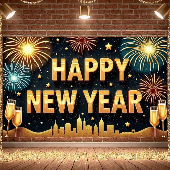 Golden Lettering Happy New Year Banner Firework Design New Year Display Star Pattern City New Year Backdrop for New Year Party Holiday Celebration Indoor Decoration