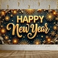thumbnail image 1 of Golden Lettering Happy New Year Banner Firework Design New Year Display Star Pattern Dark Blue Background Festive Backdrop for New Year Party Holiday Celebration Indoor Decoration, 1 of 9