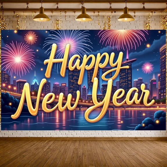 Golden Lettering Happy New Year Banner Fireworks Design New Year Display City Night View Festive Festive Backdrop for New Year Party Family Gathering Indoor Decoration