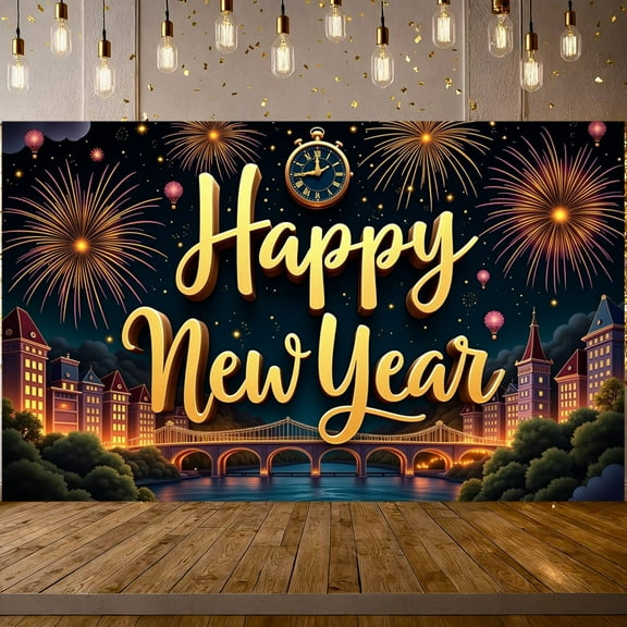 Golden Lettering Happy New Year Banner Fireworks Design New Year Display Clock Tower Pattern City Night Scene Holiday Backdrop for New Year Party New Year's Eve Celebration Holiday Gathering