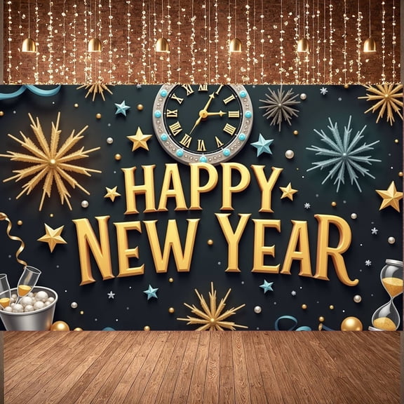 Golden Lettering Happy New Year Banner Star Pattern New Year Banner Firework Design Clock Holiday Banner for New Year Party Indoor Decoration Photo Shoot