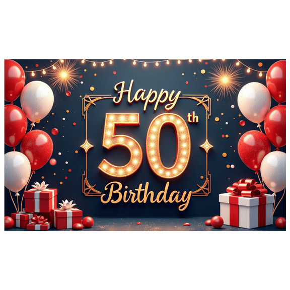 Golden Letters Birthday Banner Red Balloons Festive Design Gift Boxes for Milestone Celebration Adult Party Indoor Use