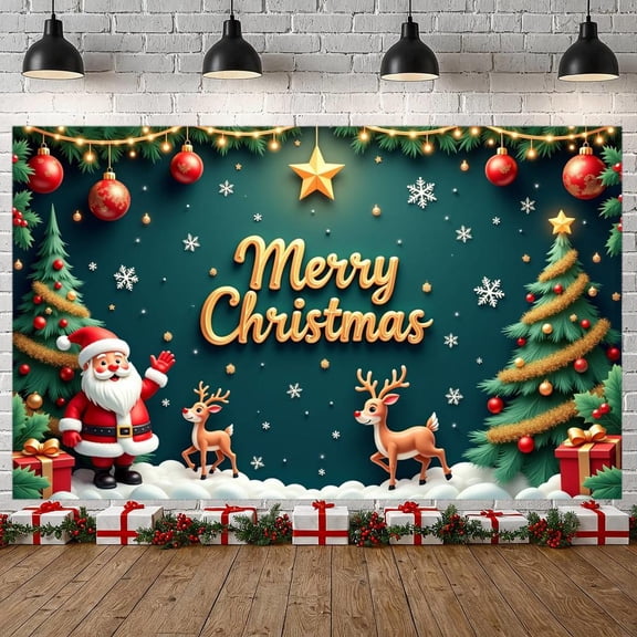 Golden Letters Christmas Banner Green Background Xmas Banner Colorful Decorations Christmas Theme Merry Christmas Banner for Christmas Party Holiday Celebration Indoor Decoration