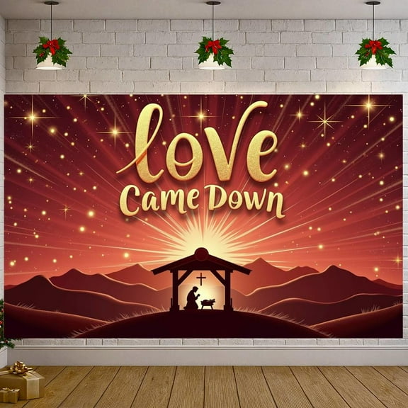 Golden Letters Christmas Banner Red Background Nativity Banner Starry Sky Cross Design Religious Banner for Church Events Christmas Parties Religious Ceremonies