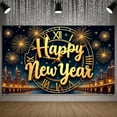 thumbnail image 1 of Golden Letters Happy New Year Banner Clock Design New Year Banner Fireworks Pattern Dark Blue Background Celebration Banner for New Year Party New Year's Eve Celebration Indoor Decoration, 1 of 8