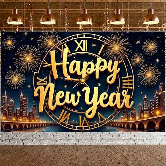 Golden Letters Happy New Year Banner Clock Design New Year Banner Fireworks Pattern Dark Blue Background Celebration Banner for New Year Party New Year's Eve Celebration Indoor Decoration