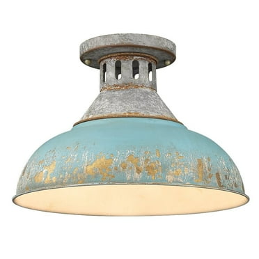 Golden Lighting Kinsley Semi-Flush in Aged Galvanized Steel with Teal Shade