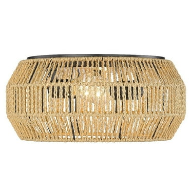 Golden Lighting Marlee Flush Mount in Matte Black with Natural Raphia Rope Shade