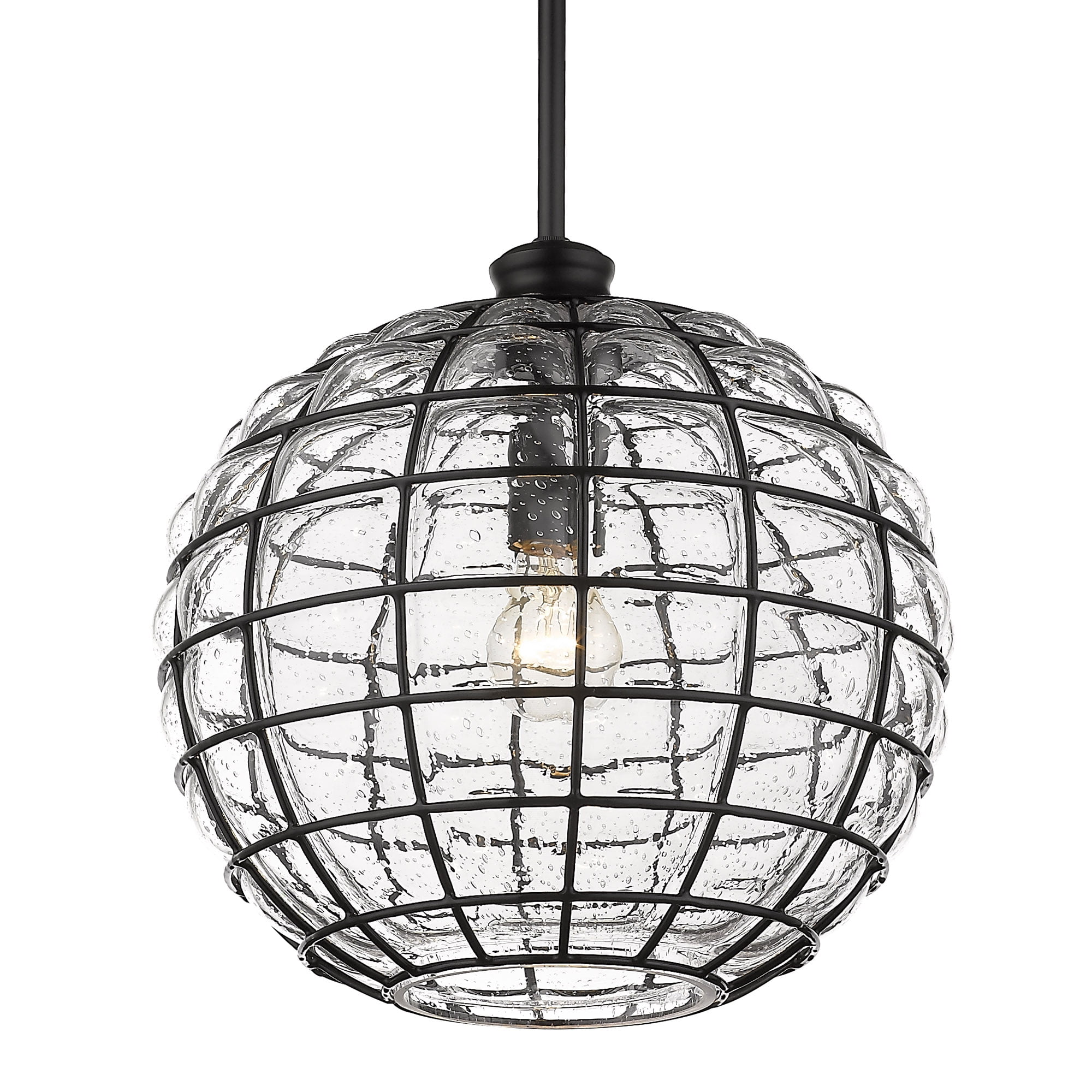Matte Black Glass and Metal Cage Pendant Light