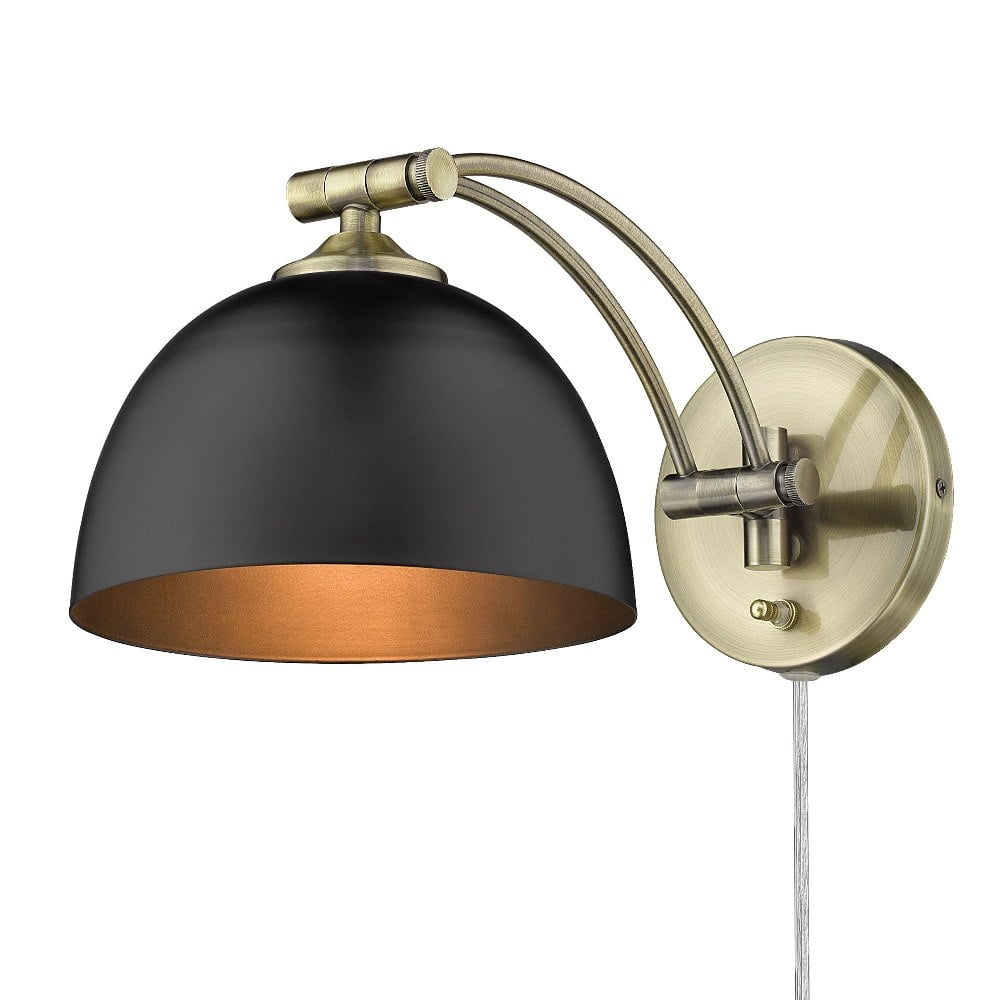 Aged Brass and Matte Black Adjustable Plug-In Wall Sconce