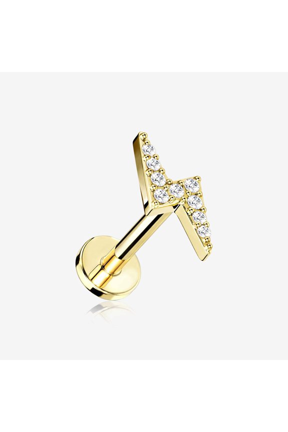 Golden Lightning Bolt Sparkle Top Internally Threaded Steel Flat Back Stud Labret