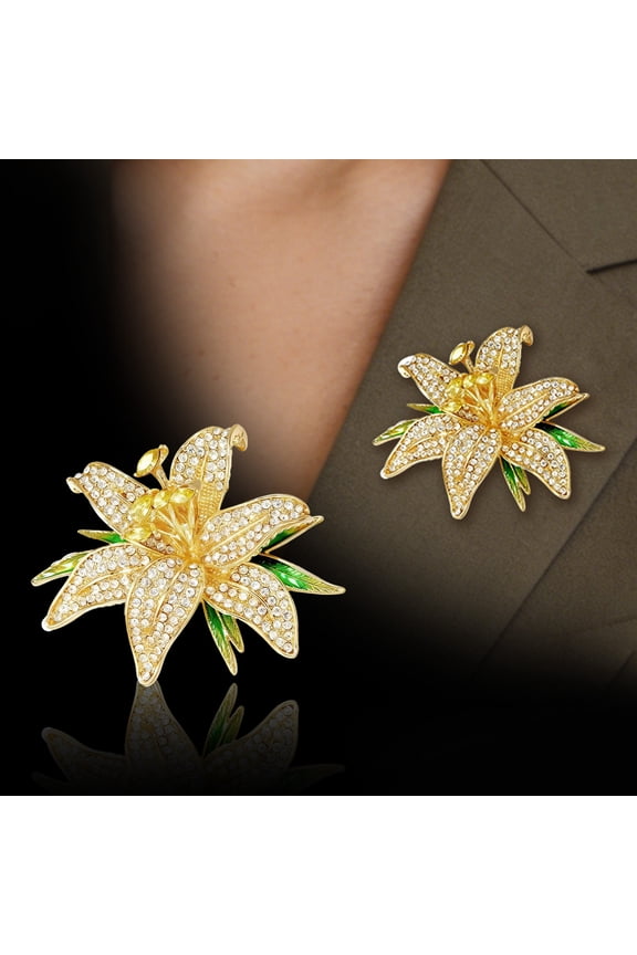 Golden Lily Flower Brooch for Women, Alloy & Cubic Zirconia Floral Lapel Pin with Green Leaves, Elegant Wedding Party Dress Accessories Gift