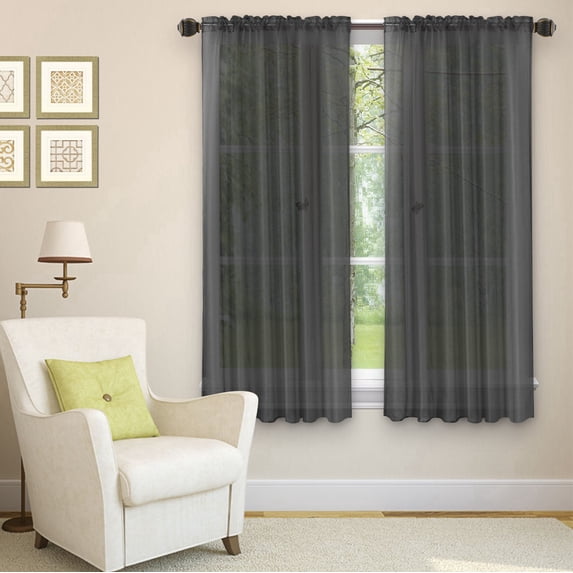 Golden Linens 2 PC Rod Pocket Sheer Window Curtains Treatment Drape Voile Elegant Panels 55" Width X 63" Length ( Black )
