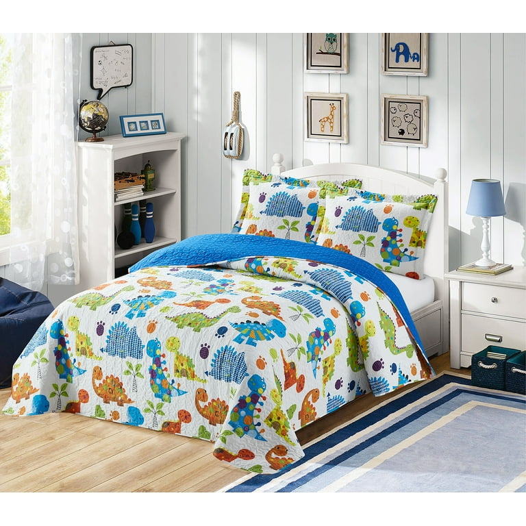 Golden Linens Twin Size Kids Bedspread Quilts Throw Blanket for Teens Boys Bed Printed Bedding Coverlet Multicolor Orange Green Blue Dinosaur