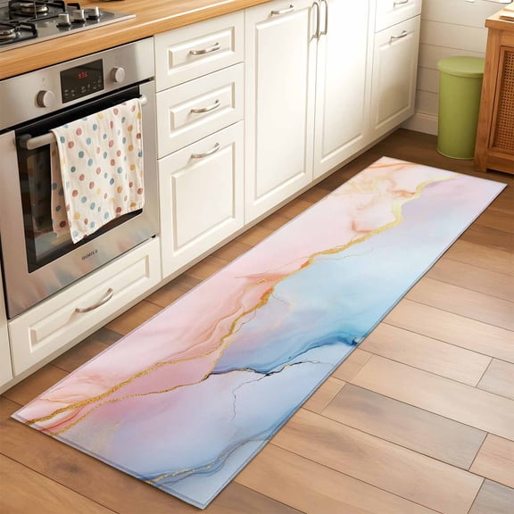 Golden Lines 2x6 Runner Rug for Hallway Walkway Kitchen Galley, Marble Blue Ombre Pink Modern Abstract Low Pile Washable Non Slip Long Area Rug