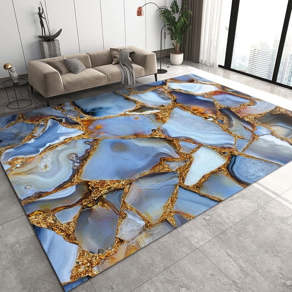 Golden Lines Abstract Marble Area Rugs, Light Blue Stone Puzzle Kitchen Mat, Carpet Mat Grease Free Good Breathability Apply to Bathroom Kitchen,4'x7'