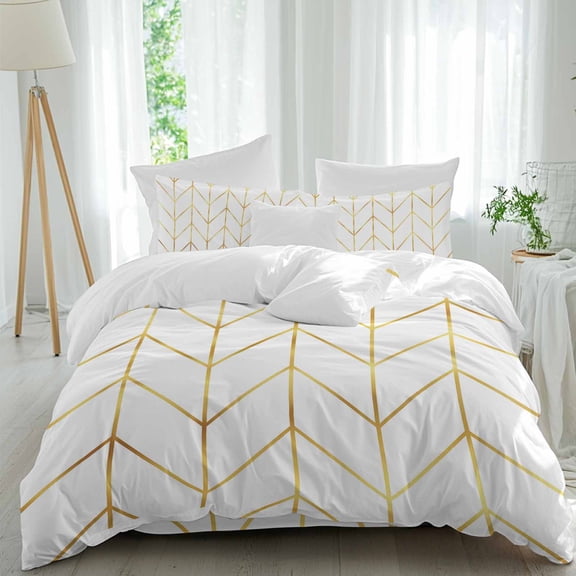 Golden Lines Chevron Soft Breathable Bedding Set with Pillow Shams Flat Sheet, Abstract Herringbone on White Bed Comforter Cover Sets