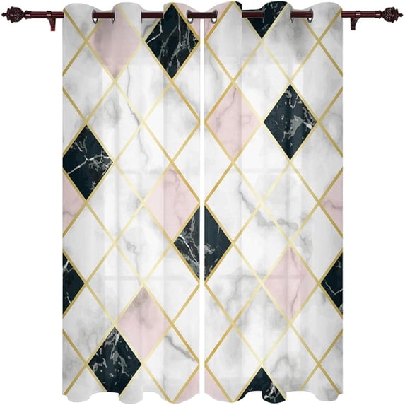 Golden Lines Window Curtain, Black And White Checkered 3D Valance Pattern Window Drapes For Kids Living Room Bedroom Study