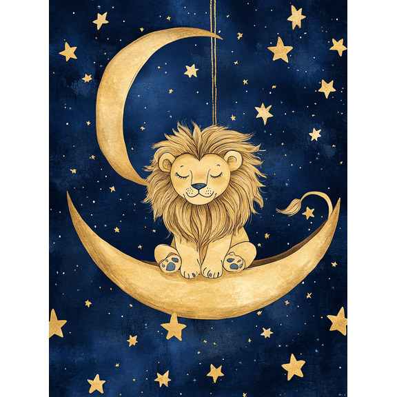 Golden Lion Moon Canvas Art Print Suitable for Bedroom Living Room Nursery Office and Hallway Decoration.