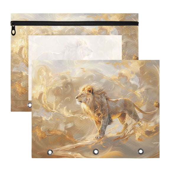 Golden Lion Painting 3-Ring Binder Pouches A4 Size Zipper Pocket File Storage 2 Packs