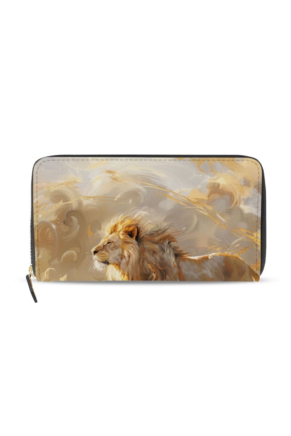 Golden Lion Painting Women's Long Zipper Wallet Bifold Clutch Purse PU Leather Card Cases