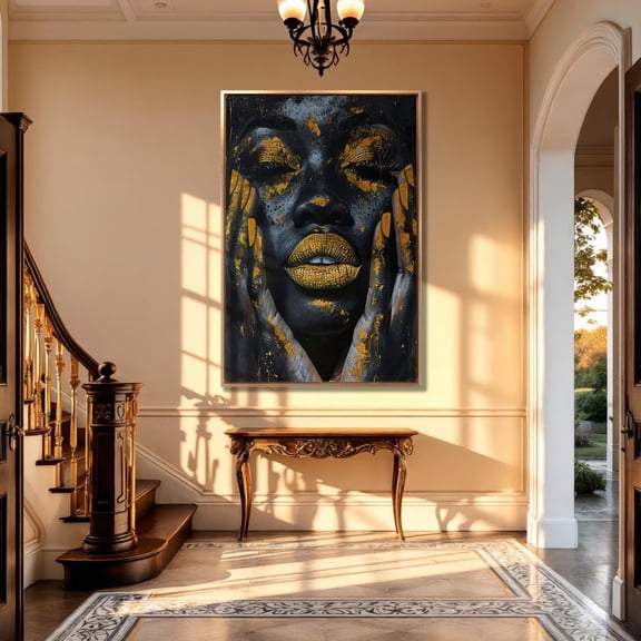 Golden Lips African Woman Poster: Black And Gold Wall Art, Unframed Canvas Size 16x24