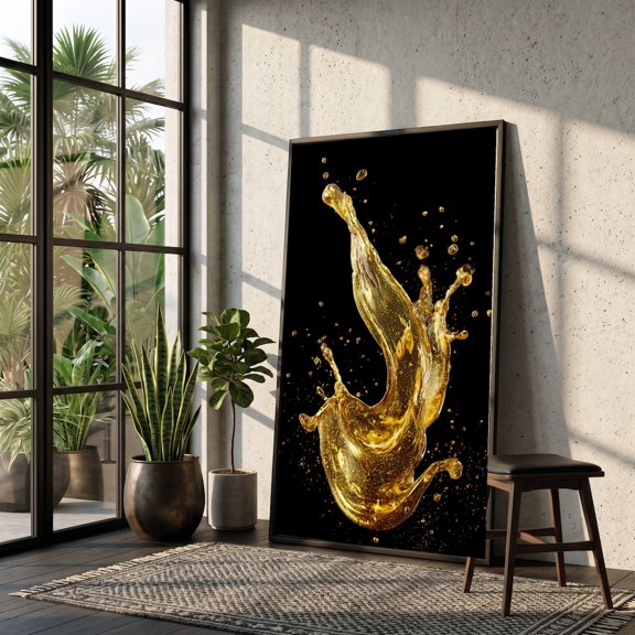 Golden Liquid Splash Art Abstract Fluid Art Modern Wall Decoration Shiny Gold Home Accent Contemporary Art, Unframed Paper Print