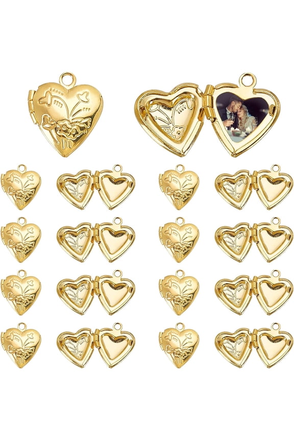 Golden Locket Charms 20pcs Brass Locket Pendants Photo Frame Charms Metal Heart Pendants Heart Charms Memory Photo Pendant