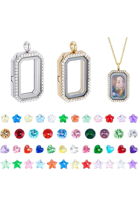 Golden Locket Necklace Charm Platinum Floating Pendant Rectangle Memory Pendants Glass Locket Pendant with Heart Flower Glass Cabochon for DIY Wedding Necklace Jewelry(Without Chain)