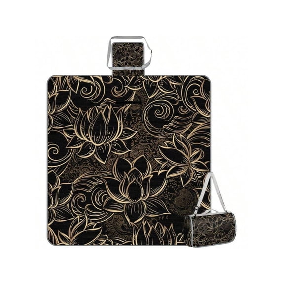 Golden Lotus Floral Print Picnic Blanket Waterproof Portable Mat 59x57 Inch Sandproof Outdoor Camping Beach Rug With Carry Strap