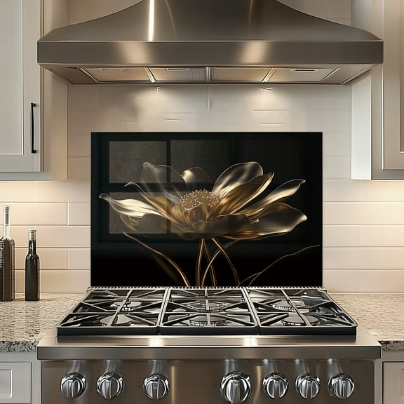 Golden Lotus Flower Glass Backsplash For Kitchen Behind Stove,Stove Back Top Cover,Easy to Clean Glass Splashback, Sink Cover Splash Guard,Home Kitchen Wall Decor