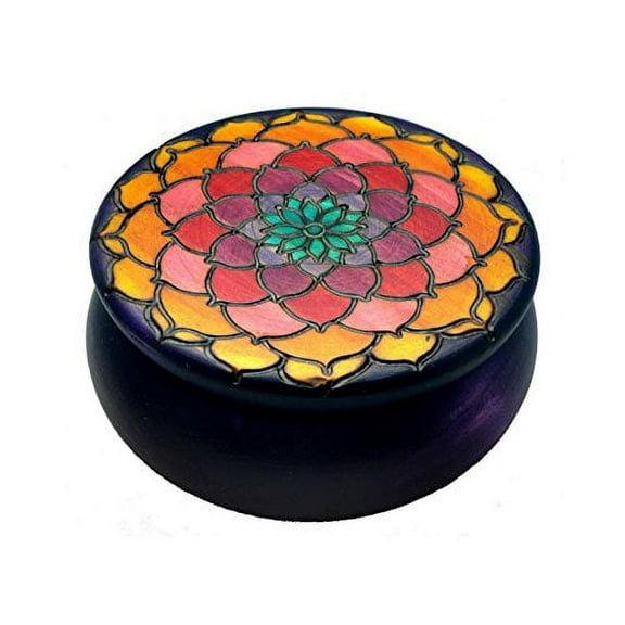 Golden Lotus Flower Round Wooden Box Polish Handmade Keepsake