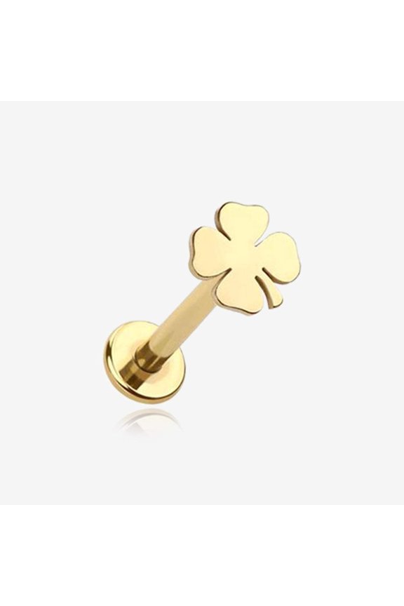 Golden Lucky Charm Clover Top Internally Threaded Labret Flat Back Stud