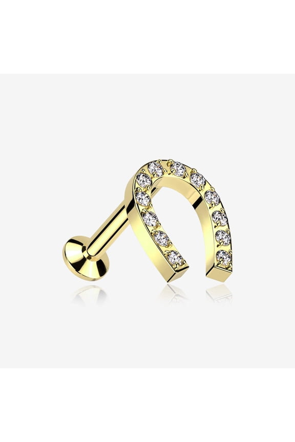 Golden Lucky Charm Sparkle Horseshoe Threadless Flat Back Stud Labret