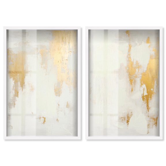 Golden Luxe Abstract Duo Set Shadowbox Neutral Abstract Art by Art Remedy, White Frame, 16 x 24