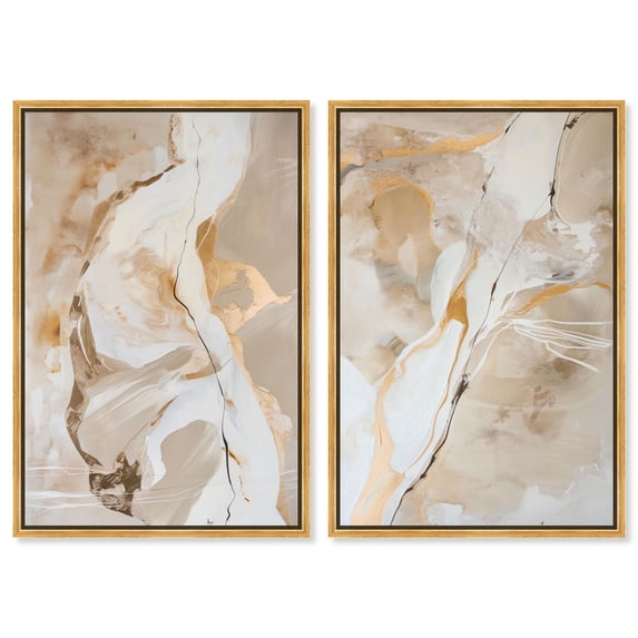 Golden Luxe Abstract Pair Set Canvas Neutral Abstract Art by Art Remedy, Gold Frame, 16 x 24