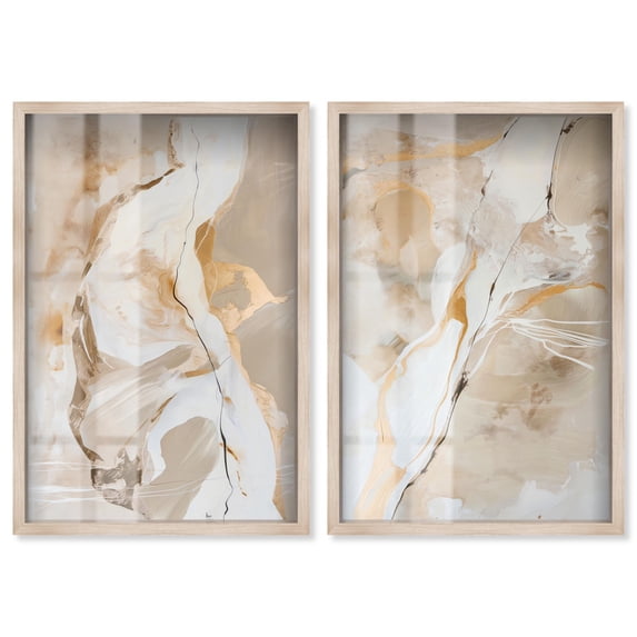 Golden Luxe Abstract Pair Set Shadowbox Neutral Abstract Art by Art Remedy, Blonde Frame, 24 x 36