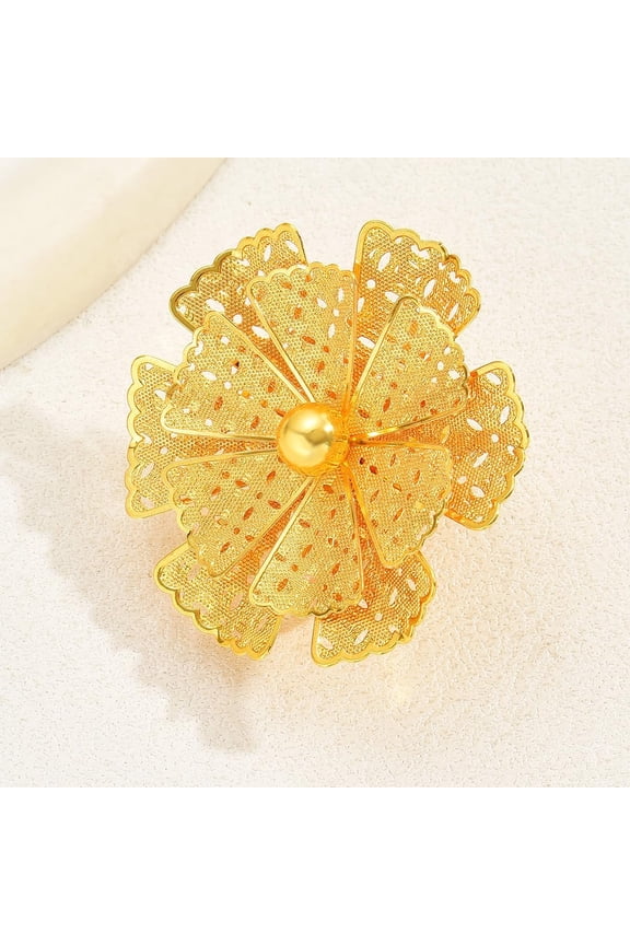 Golden Luxurious Hollow Flower Iron Adjustable Open Cuff Ring For Women DIY
