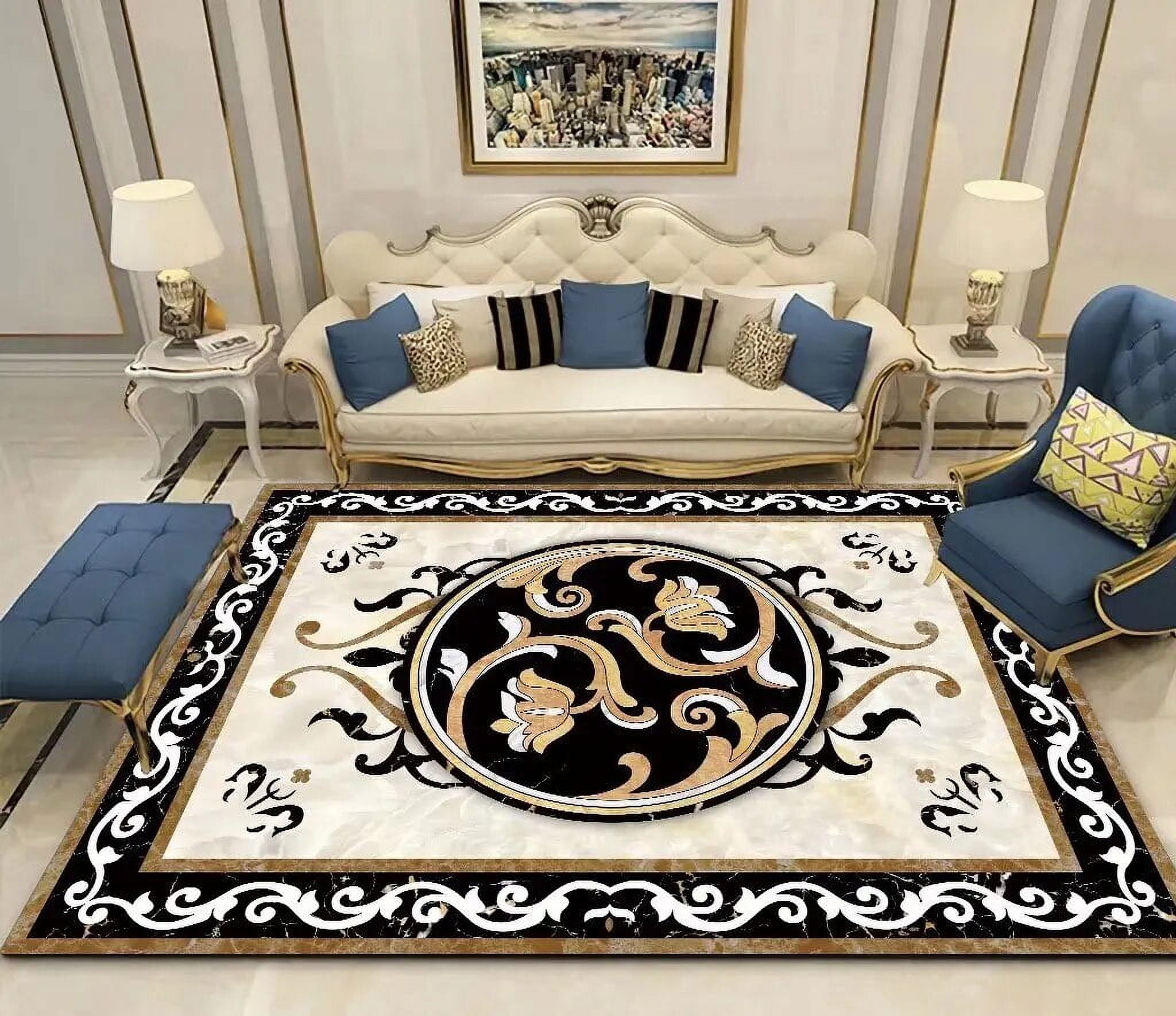 Golden Luxury Carpet 3D Flower Carpets Living Room Marble Home Decor