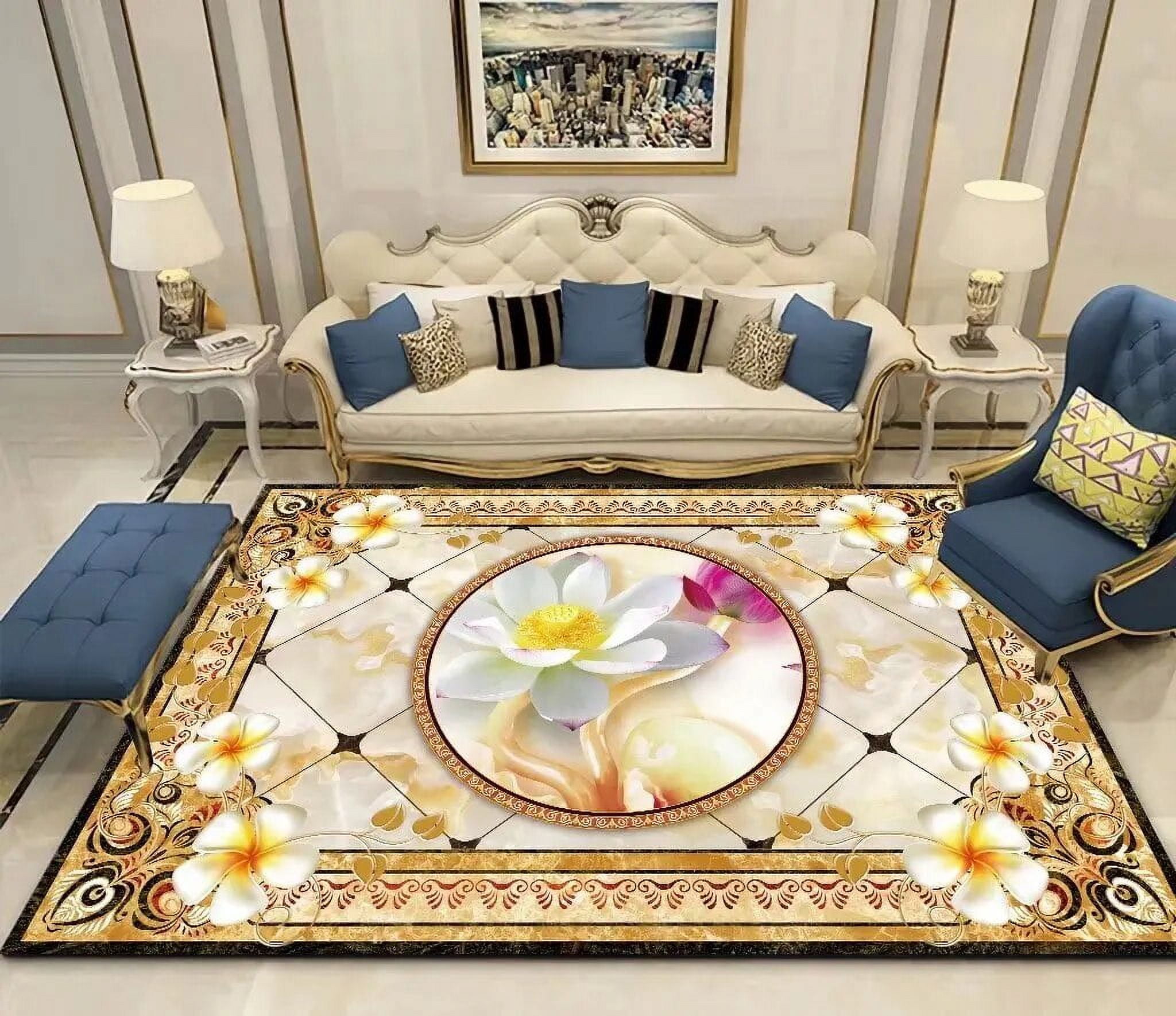 Golden Luxury Carpet 3D Flower Carpets Living Room Marble Home Decor