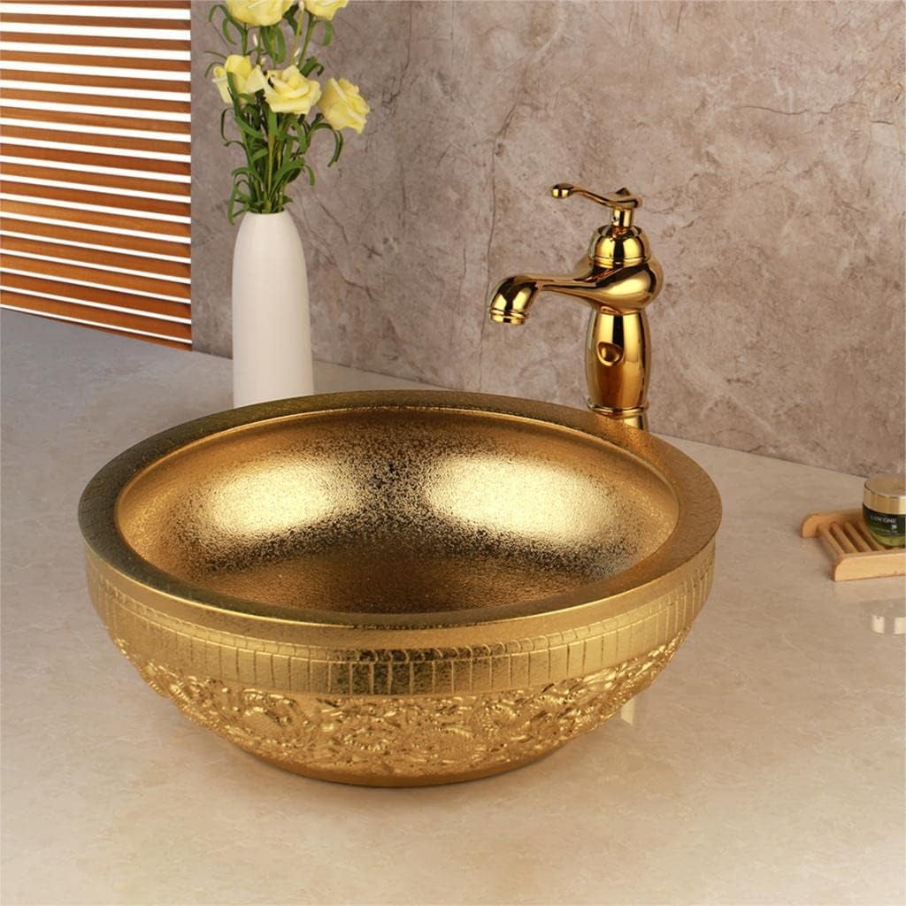 Golden Luxury Ceramic Lavatory Bathroom Tap Washbasin Basin Sink Set ...