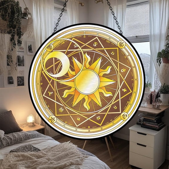 Golden Magic Circle Glass Suncatcher, Sun And Moon Elements Window Garden Decoration Astrology, 6.3 in
