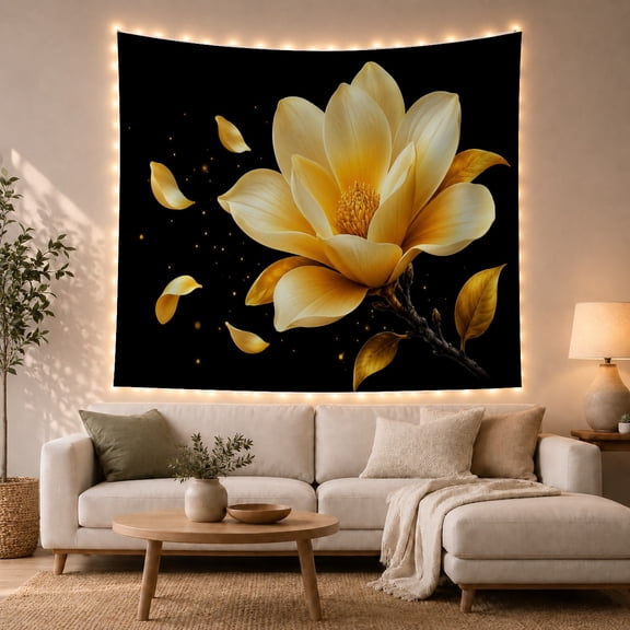 Golden Magnolia Bloom on Dark Branch with Drifting Petals, Dramatic Fantasy for Nature Lovers, Botanical Wall Art Decor, Housewarming Gift, Tapestry Wall Hanging for Bedroom and Living Room