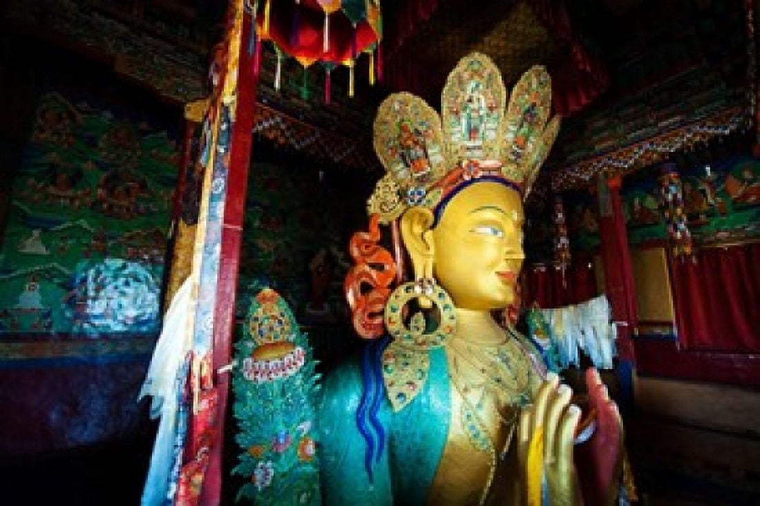 Golden Maitreya Buddha Thiksey Monastery Thiksey Ladakh India Canvas Art - Anthony Asael DanitaDelimont (29 x 19)