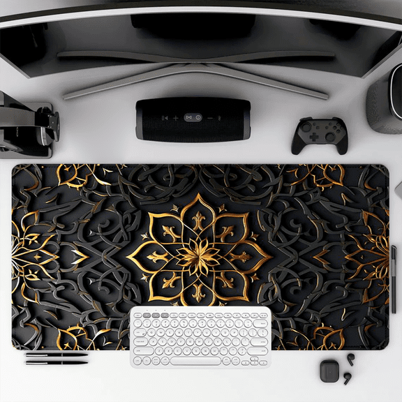 Gold Mandala Design Mouse Pad 35.4 x 15.8 inches Rubber Desk Mat for Office and Home Use