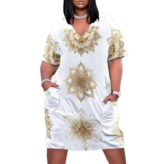 Golden Mandala Floral Design Set Women's Summer Short Sleeve Casual Dresses Party Dress