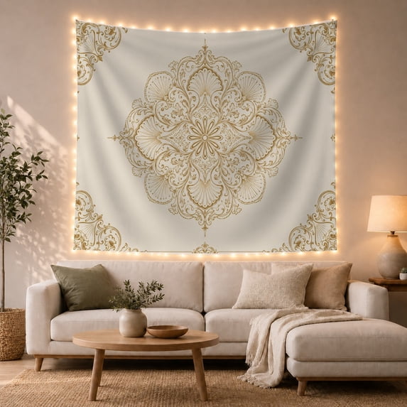 Golden Mandala with Scrollwork on Ivory Background, Mystical Vintage for Boho Decor Lovers, Elegant Ornamental Wall Art, Housewarming Gift, Tapestry Wall Hanging for Bedroom and Living Room